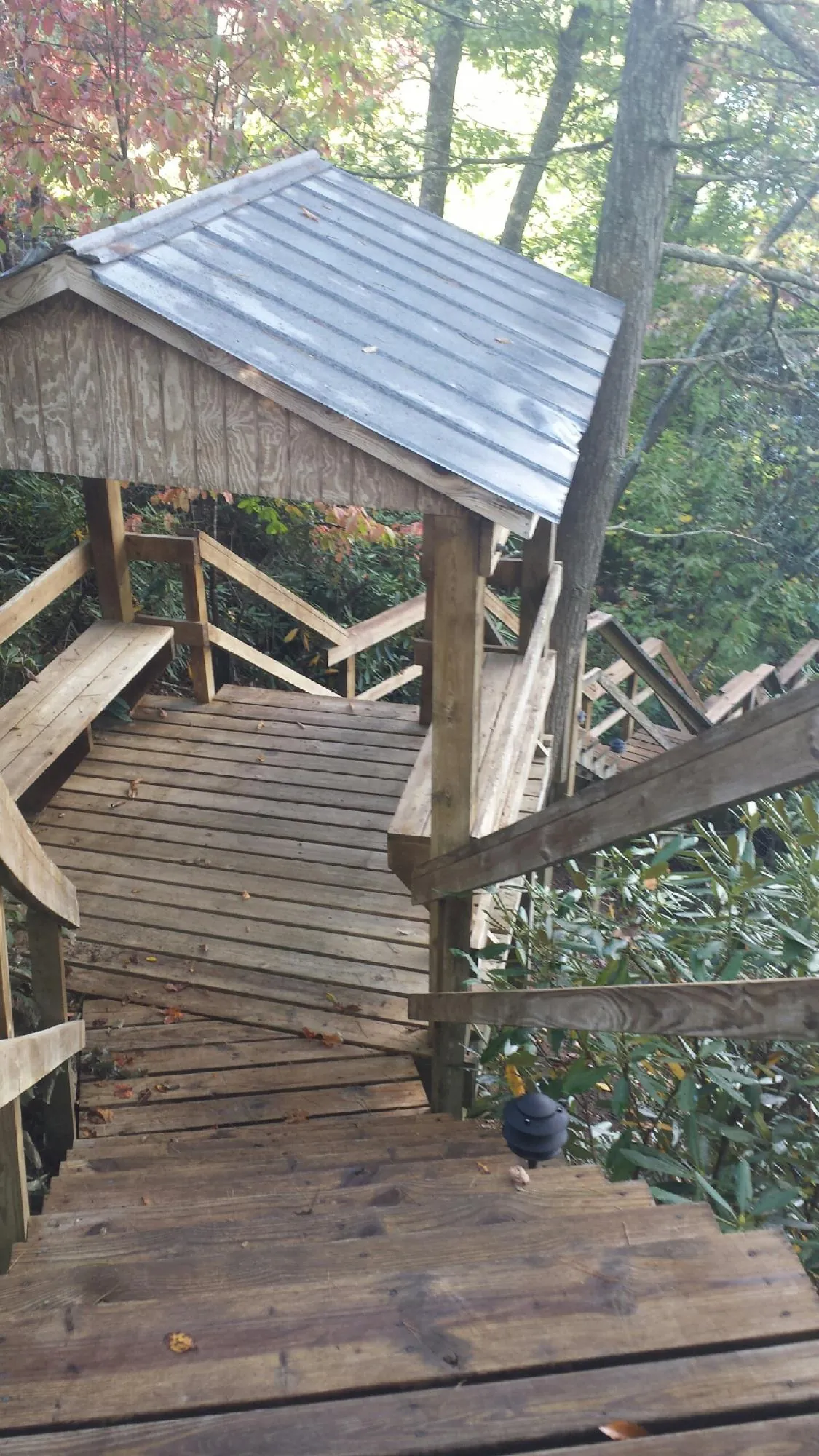 Metal roofed shelter over wooden steps on a wooded walkway — Skylight Repair & Installation work by our crew in Burket